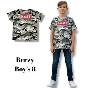 BERZY Tee Shirt Tan/Black Camouflage SAVAGE size Boy’s 8 EUC Gamer Marvel DC 🍭